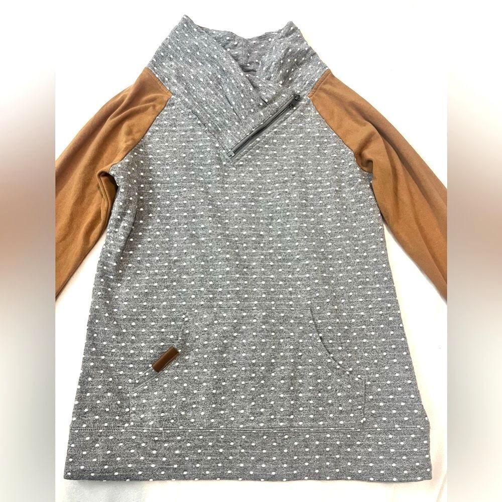 Maurices Gray and White Polka Dot Top w Brown Sleeves Cowl Neck Sweatshirt XS - Picture 2 of 16
